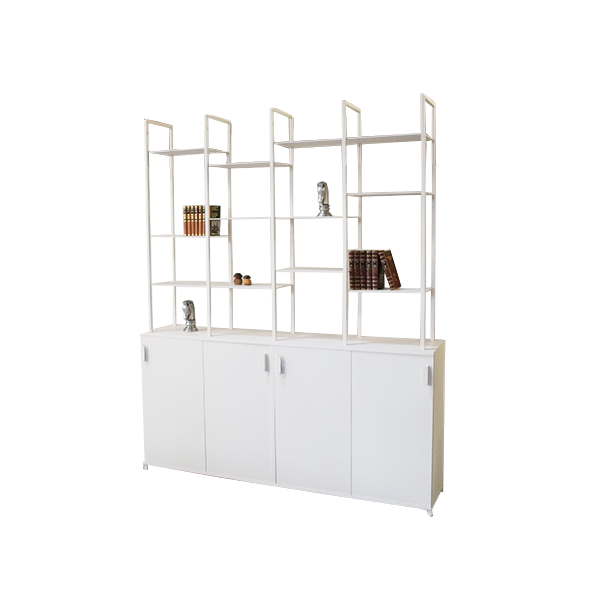 Bibliothèque en acier blanc, design moderne avec étagères ouvertes et rangement fermé, réalisée par l'Atelier Héphaïstos.