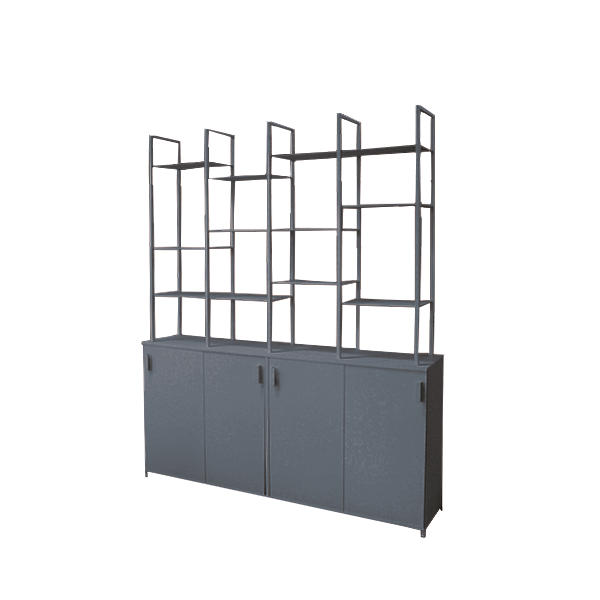 Bibliothèque en acier avec finitions soignées, design contemporain et espace de rangement fermé. Fait main en France.