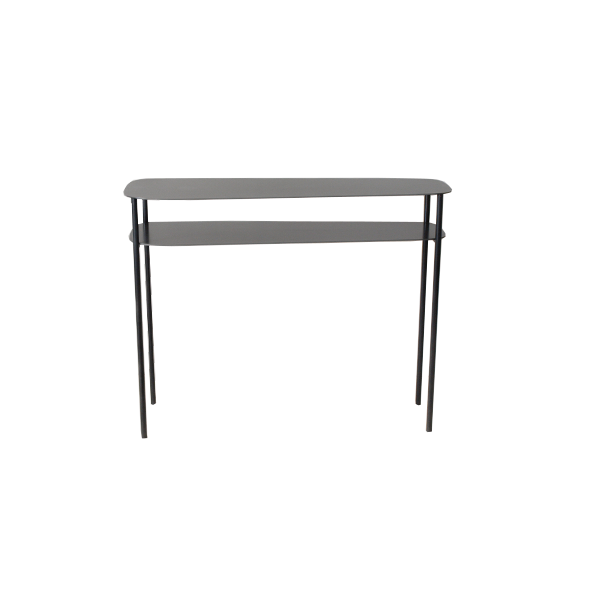 Table console en acier, design épuré, deux niveaux de rangement, fabrication artisanale française.