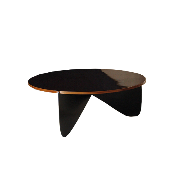Table basse ronde Aphrodite en acier, design contemporain, surface noire avec contour en bois, artisanat français.
