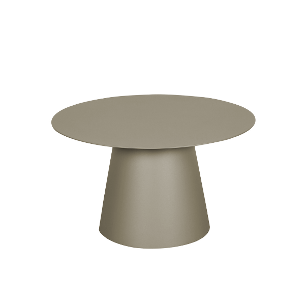 Table de salle à manger ronde en acier, design épuré et contemporain, couleur taupe, fabriquée à Mondeville.