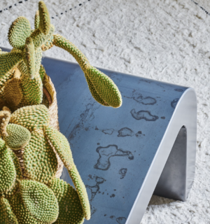 Table basse Gaïa en acier, design contemporain, mise en scène avec un cactus sur un tapis texturé.
