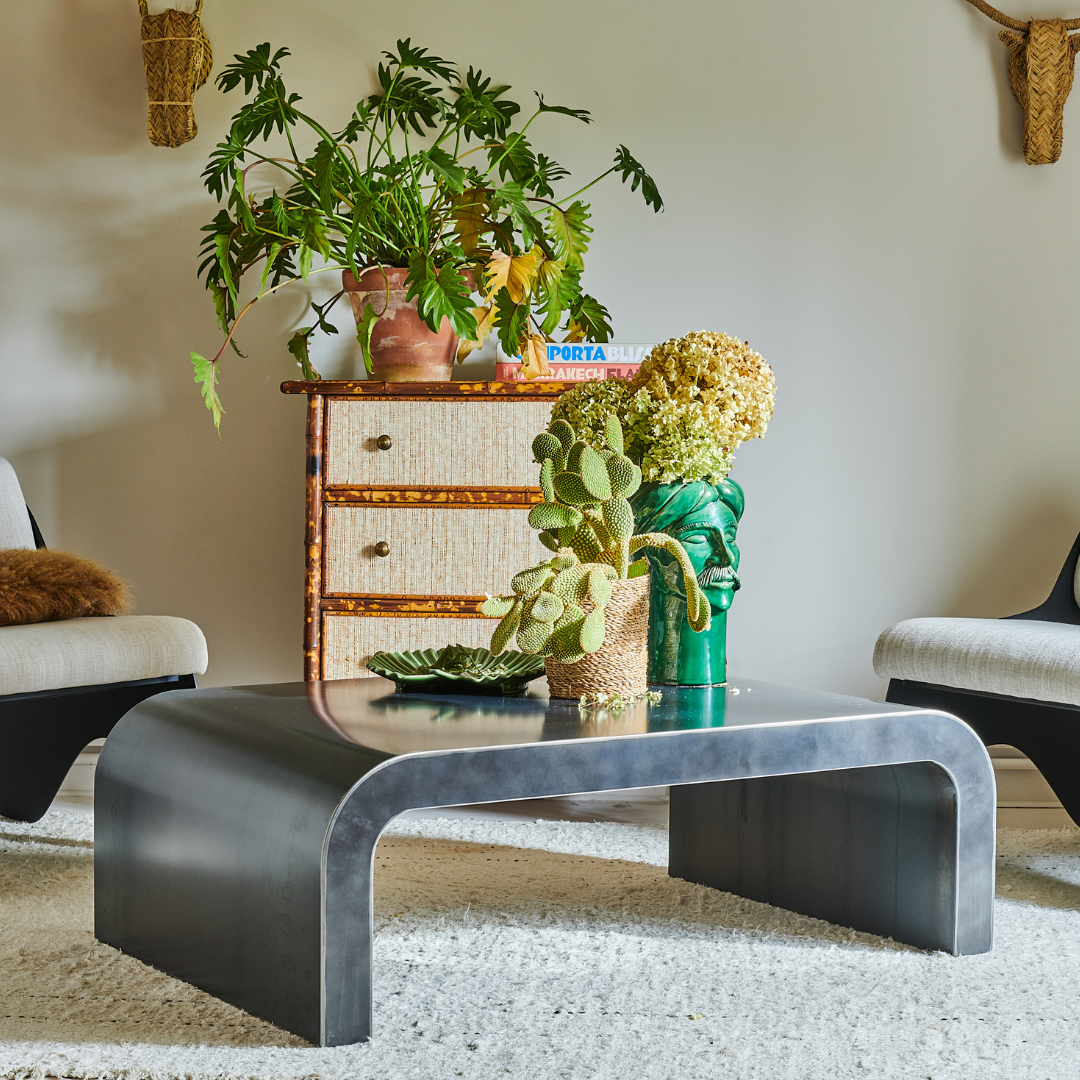 Table basse Gaïa en acier, design épuré, mise en scène dans un intérieur moderne avec des plantes décoratives.