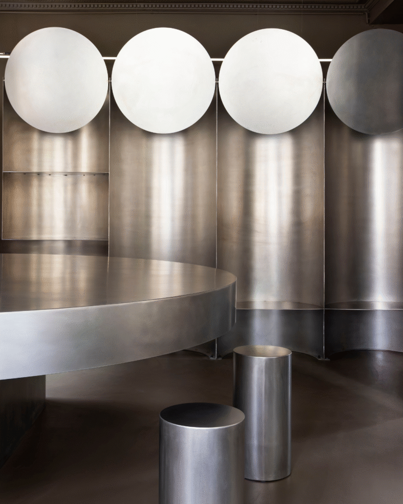 Espace atelier avec des meubles en acier au design contemporain, mettant en valeur des finitions soignées et des formes géométriques.