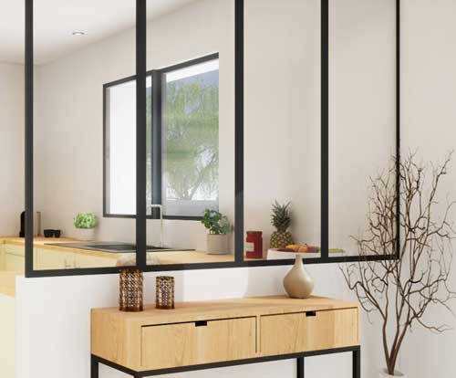 Mobilier contemporain en acier, avec finitions élégantes, mis en scène dans un intérieur moderne lumineux.